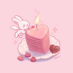  artist_name blush candle candy chocolate commentary_request fire flying food heart heart-shaped_chocolate holding holding_matchstick matches midair no_humans object_focus original pink_background pink_theme rabbit signature simple_background solo sparkle sweets tokoyu white_rabbit_(animal) 