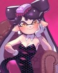 1girl bare_arms bare_shoulders black_hair black_jumpsuit bow-shaped_hair breasts callie_(splatoon) cleavage detached_collar earrings food food_on_head gloves hand_on_own_hip head_rest highres hoop_earrings jewelry jumpsuit long_hair mimimimiguchan mole mole_under_eye object_on_head on_chair pantyhose pink_pantyhose pointy_ears short_ponytail solo splatoon_(series) strapless sushi swept_bangs tentacle_hair thick_eyebrows twintails unitard white_gloves yellow_eyes 