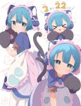  &gt;_&lt; 1boy :3 absurdres animal_ears animal_hands apron blue_capelet blue_corset blue_eyes blue_hair blue_tail bob_cut capelet cat_boy cat_day cat_tail center-flap_bangs child chipi_chipi_chapa_chapa_(meme) corset dot_nose fake_animal_ears frilled_apron frills gloves highres kemonomimi_mode made_in_abyss maid maid_headdress maruruk meme multiple_views otoko_no_ko paw_gloves paw_pose pouch sweatdrop tail uis0 v-shaped_eyebrows whistle whistle_around_neck white_background yellow_pupils 