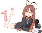  1girl absurdres antenna_hair barefoot blush brown_hair controller cross eds fang game_controller highres indie_virtual_youtuber jacket legs lying multicolored_hair nail_polish nino_egyn on_stomach orange_eyes orange_hair soles the_pose track_jacket two-tone_hair 