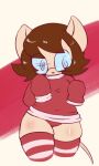 abstract_background anthro brown_hair clothing eyewear female glasses hair hi_res legwear long_sleeves mammal mouse murid murine panties red_(vono) rodent solo spiral_glasses stockings sweater thick_thighs topwear underwear vono