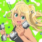  1girl :d abstract_background absurdres album_cover album_name bare_shoulders black_tank_top blonde_hair breasts collarbone copyright_name cover dark-skinned_female dark_skin dot_nose dual_wielding dumbbell_nan_kilo_moteru? eyes_visible_through_hair fang floating_hair green_eyes hair_between_eyes hands_up highres holding holding_dumbbell long_eyelashes long_hair looking_at_viewer maam._(summemixi)_(style) medium_breasts mixed-language_text official_art open_mouth smile solo tank_top 