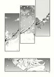 branch comic grey_background greyscale hair_ornament highres leaf monochrome petals plant short_hair simple_background snow tomobe_kinuko toramaru_shou touhou tree 