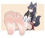  1girl animal_ear_fluff animal_ears arknights bare_legs barefoot black_hair feet foot_focus highres long_hair looking_at_viewer simple_background soles solo tail texas_(arknights) toes wl217_(nicexa111) wolf_ears wolf_girl wolf_tail yellow_eyes 