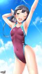  1girl ahoge alternate_costume aqua_one-piece_swimsuit black_hair blush breasts cloud cloudy_sky collarbone competition_swimsuit covered_navel cowboy_shot dated day fujinami_(kancolle) hair_between_eyes hair_ribbon highres kantai_collection long_hair looking_at_viewer one-piece_swimsuit open_mouth purple_one-piece_swimsuit ribbon side_ponytail signature sky small_breasts solo sun swimsuit tsuchimiya two-tone_swimsuit white_ribbon yellow_eyes 