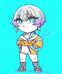  1girl a.i._voice blue_background blue_eyes blue_socks butterfly_choker chibi commentary_request cropped_jacket cross-shaped_pupils drawn_wings fu-ren gradient_hair grey_hair hands_on_own_hips highres jacket light_blush long_eyelashes long_sleeves looking_at_viewer multicolored_hair no_sclera off_shoulder parted_lips purple_hair ribbed_socks romper shoes short_hair simple_background single_wing sleeveless sneakers socks solo standing symbol-shaped_pupils unoka wing_earrings wings yellow_jacket 