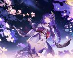  1girl absurdres blunt_bangs braid cherry_blossoms genshin_impact hair_ornament hand_on_own_chest hand_up highres japanese_clothes long_hair looking_at_viewer looking_down mitsudomoe_(shape) mole mole_under_eye moon night night_sky purple_eyes purple_hair purple_nails raiden_shogun reflection reflective_water ripples single_braid sky solo star_(sky) starry_sky tomoe_(symbol) tree00227 