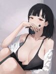  1girl absurdres black_bra black_hair bra breasts brown_eyes cleavage dated_commentary highres holding holding_pen looking_at_viewer mac_star medium_breasts original pen shirt short_hair sitting solo star_tattoo tattoo underwear white_shirt 