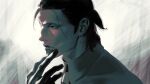  1boy 9gu_84 absurdres black_gloves black_hair gloves highres loose_hair_strand male_focus mature_male medium_hair ponytail portrait scar scar_on_chin scar_on_face scar_on_mouth scar_on_nose sergei_dragunov solo tekken 