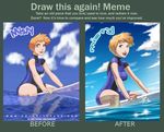  2007 2013 alternate_hairstyle artist_progress blue_sky breasts character_name cloud daniel_macgregor day earrings green_eyes jewelry kasumi_(pokemon) large_breasts lips orange_hair pokemon revision short_hair signature sky smile solo stud_earrings surfboard wetsuit 