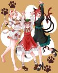  3girls animal_ears arm_up barefoot bell black_dress black_footwear bow bowtie braid brown_footwear brown_hair cat_day cat_ears cat_girl cat_tail chen closed_eyes commentary_request dress full_body goutokuji_mike high_heels highres kaenbyou_rin multicolored_hair multicolored_shirt multiple_girls multiple_tails neck_bell nekomata orange_eyes paw_print red_dress red_hair shi_ppo_no shirt short_hair shorts side_braids socks tail touhou twin_braids two_tails white_bow white_bowtie white_hair white_shirt white_shorts white_socks 