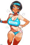  1girl absurdres aiuti black_hair blue_buruma blue_eyes blue_hairband blue_sports_bra blue_wristband breasts buruma cleavage copyright_name feet_out_of_frame hairband highres hololive large_breasts midriff one-piece_tan oozora_subaru puff_of_air short_hair simple_background solo sports_bikini sports_bra tan tanlines white_background 