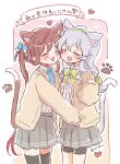  2girls animal_ears asagumo_(kancolle) ascot bike_shorts black_thighhighs blue_ascot bow bowtie braid brown_hair brown_jacket cat_ears cat_tail closed_eyes collared_shirt dress_shirt extra_ears feet_out_of_frame green_bow green_bowtie green_hairband grey_hair grey_skirt hairband jacket kantai_collection long_hair miko_(35nikomi) multiple_girls pleated_skirt shirt shorts shorts_under_skirt single_braid skirt tail thighhighs twintails wavy_hair white_shirt yamagumo_(kancolle) 