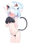  1girl absurdres animal_ears animal_hands arona_(blue_archive) arsyky14 bare_arms bare_legs bare_shoulders bikini black_bikini black_gloves blue_archive blue_eyes blue_hair blue_halo blush braid cat_ears cat_paws cat_tail colored_inner_hair cowboy_shot full-face_blush gloves groin hair_over_one_eye halo highres looking_at_viewer multicolored_hair navel open_mouth paw_gloves pink_hair short_hair simple_background single_braid solo swimsuit tail white_background 