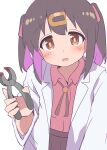  1girl blood blush brown_eyes brown_hair coat collared_shirt colored_inner_hair commentary_request dot_nose hair_ornament hairclip hand_up hatafuta holding_pliers implied_torture lab_coat long_hair long_sleeves looking_at_viewer multicolored_hair onii-chan_wa_oshimai! open_clothes open_coat open_mouth oyama_mihari pink_shirt pliers purple_hair shirt simple_background smile solo twintails two-tone_hair upper_body white_background white_coat 