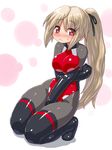  arnval bare_shoulders black_legwear blonde_hair blush boots breasts busou_shinki dd_(ijigendd) doll_joints elbow_gloves gloves large_breasts leotard long_hair pantyhose ponytail red_hair red_leotard ribbon sweatdrop thighhighs wavy_mouth 