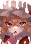  1girl absurdres blonde_hair blush finger_in_own_mouth flandre_scarlet hat hat_ribbon highres medium_hair mob_cap red_eyes red_nails red_ribbon ribbon rokka937 solo tears touhou upper_body user_pxaw4585 