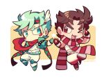  &gt;_o 2boys blue_eyes brown_hair caesar_anthonio_zeppeli chibi chibi_only facial_mark fingerless_gloves full_body gloves green_hair green_jacket hairband headband jacket jojo_no_kimyou_na_bouken joseph_joestar joseph_joestar_(young) kotorai male_focus midriff multiple_boys no_nose one_eye_closed open_mouth pants red_eyes red_scarf scarf shirt sideburns star_(symbol) striped_clothes striped_scarf v-shaped_eyebrows white_pants white_shirt winged_hairband 