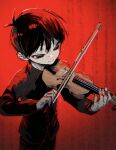  1boy antenna_hair black_eyes black_hair black_jacket black_pants bow_(music) child commentary_request cowboy_shot from_above highres holding holding_bow_(music) holding_instrument instrument jacket long_sleeves male_focus music omori pants playing_instrument red_background short_hair simple_background solo standing sunny_(omori) toastytoast violin 