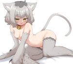  1girl ahoge alternate_species animal_ears bell bird_legs blush breasts cat_day cat_ears cat_girl cat_tail claws collar date_pun feathered_wings grey_feathers grey_hair grey_wings harpy looking_at_viewer medium_hair mono_(sifserf) monster_girl multicolored_hair navel neck_bell nipples nude number_pun original red_collar sifserf slit_pupils small_breasts solo tail tongue tongue_out two-tone_hair white_background winged_arms wings yellow_eyes 