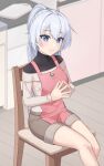  1girl apron blue_eyes chair commentary_request feet_out_of_frame grey_shorts grey_sweater highres honkai_(series) honkai_impact_3rd hyunjjing indoors kiana_kaslana long_hair long_sleeves looking_at_viewer off-shoulder_sweater off_shoulder own_hands_together pink_apron ponytail shorts sitting smile solo steepled_fingers sweater thighs white_hair 