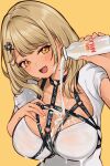  1girl absurdres between_breasts black_collar blonde_hair blush bottle breasts chest_belt chest_harness collar dark-skinned_female dark_skin dress grin gyaru hair_ornament hand_on_own_chest harness highres holding holding_bottle implied_breast_milk kaminari_qpi large_breasts light_smile looking_at_viewer milk milk_bottle o-ring open_mouth orange_eyes pouring pouring_onto_self puffy_short_sleeves puffy_sleeves purelove_acc sexually_suggestive short_sleeves simple_background smile solo upper_body virtual_youtuber vspo! wet wet_clothes white_dress x_hair_ornament yellow_background yellow_eyes 