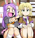  +++ 2girls :d animal_ears black_jacket black_shirt black_skirt blonde_hair breasts closed_mouth commentary_request cookie_(touhou) dated expressionless feet_out_of_frame green_eyes hands_on_own_knees hisui_(cookie) jacket joker_(cookie) laughing long_hair long_sleeves medium_bangs mizuhashi_parsee multiple_girls open_mouth parted_bangs pink_skirt pointing pointy_ears purple_hair rabbit_ears rabbit_girl red_eyes reisen_udongein_inaba scarf shirt short_hair short_sleeves sitting skirt small_breasts smile socks tetugakuzonbi touhou undershirt v-shaped_eyebrows white_scarf white_shirt white_socks 
