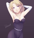  1girl belt black_dress blonde_hair breasts character_name cleavage dress earrings elbow_gloves gloves hair_over_one_eye jewelry long_hair looking_at_viewer medium_breasts mother_(game) mother_2 necklace purple_eyes shifumame solo venus_(mother) white_gloves 
