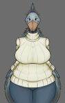accessory anthro avian big_breasts bird blue_eyes bottomwear breasts clothed clothing curvy_figure feathered_wings feathers female grey_background grey_body grey_feathers hair_accessory hair_tie head_feathers hi_res huge_breasts looking_at_viewer mature_anthro mature_female pants pelecaniform seb_valenz shoebill simple_background smile solo sweater thick_thighs topwear voluptuous wide_hips winged_arms wings