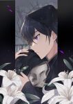  1boy bare_tree black_hair flower from_side highres hood hood_up hugging_object ichimishiyu lily_(flower) long_sleeves male_focus mole mole_under_eye original profile purple_eyes rain skull solo tree 