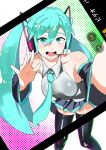  1girl absurdres aqua_eyes aqua_hair aqua_necktie armpits bare_shoulders black_thighhighs breasts cellphone collarbone collared_shirt detached_sleeves grey_shirt hatsune_miku highres holding holding_phone long_hair looking_at_viewer miniskirt multicolored_background necktie open_mouth phone sakuranoren selfie shirt skirt sleeveless sleeveless_shirt small_breasts smartphone smile solo sparkle sparkling_eyes taking_picture thighhighs twintails vocaloid zettai_ryouiki 