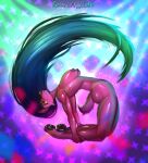2024 absurd_res anthro big_breasts blue_hair breasts butt canid canine digital_media_(artwork) female flexible fur glistening glistening_body green_hair hair hi_res jumping long_hair mammal midair multicolored_hair nipples nude pink_body pink_fur scarlet_side simple_background solo tail