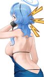  1girl ako_(blue_archive) ako_(dress)_(blue_archive) ass back backless_dress backless_outfit bare_shoulders blue_archive blue_dress blue_eyes blue_hair breasts chain cuffs dress duplicate hair_between_eyes hairband halo highres large_breasts looking_at_viewer looking_back medium_hair nhaliz official_alternate_costume shackles sideboob solo 