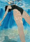  1girl armpits bare_arms black_hair black_one-piece_swimsuit day english_commentary facing_up highres korean_commentary legs mixed-language_commentary one-piece_swimsuit original outdoors painting_(medium) refraction seong_ryul shadow short_hair solo swimsuit thighs traditional_media underwater watercolor_(medium) 