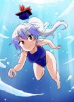  1girl bare_shoulders blue_background blue_headwear blue_leotard breasts brown_eyes bubble competition_swimsuit high_ponytail highleg in_water kamishirasawa_keine kousei_(public_planet) leotard looking_at_viewer multicolored_hair one-piece_swimsuit solo swimming swimsuit touhou two-tone_hair underwater 