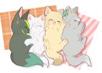  4boys ahoge alhaitham_(genshin_impact) animal animal_ear_fluff animal_ears animalization black_hair blonde_hair blue_hair blunt_ends cat cat_ears cat_tail closed_eyes closed_mouth commentary_request cyno_(genshin_impact) drooling earrings feather_hair_ornament feathers fox fox_ears fox_tail genshin_impact green_hair grey_fur grey_hair hair_between_eyes hair_ornament hair_over_one_eye highres jewelry kaveh_(genshin_impact) leaf_earrings lying male_focus medium_hair multicolored_hair multiple_boys nasuka_gee on_back on_side open_mouth shirt short_hair simple_background sleeping smile streaked_hair tail tighnari_(genshin_impact) two-tone_hair white_fur white_hair white_shirt yellow_fur 