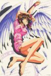  1girl absurdres arms_up bare_legs breasts brown_hair copyright_notice covered_nipples double_bun drop_shadow feathered_wings feathers hair_bun highres large_breasts looking_at_viewer medium_hair nanako_kaitai_shinsho non-web_source official_art panties pantyshot red_eyes scan shichigusa_nanako short_sleeves solo text_background underwear white_wings wings wristband yamashita_toshinari 