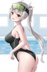  1girl absurdres ahoge ass black_one-piece_swimsuit breasts commission competition_swimsuit cowboy_shot diving_mask diving_mask_on_head goggles goggles_on_head green_eyes grey_hair highleg highleg_swimsuit highres indie_virtual_youtuber kotoha_rimu lane_line long_hair medium_breasts ncontrail_(mgax7527) one-piece_swimsuit open_mouth pool sideboob skeb_commission solo swimsuit twintails virtual_youtuber 