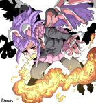  1girl animal_ears black_jacket black_pantyhose breathing_fire collared_shirt commentary_request cookie_(touhou) dated dragon dragon_girl dragon_hisui_(cookie) fire flying full_body hisui_(cookie) jacket long_hair long_sleeves looking_at_viewer medium_bangs necktie open_mouth pantyhose pink_skirt purple_hair purple_wings rabbit_ears red_eyes red_necktie reisen_udongein_inaba shirt sidelocks simple_background skirt solo swept_bangs tetugakuzonbi touhou v-shaped_eyebrows white_background white_shirt wings 