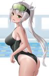  1girl absurdres ahoge ass black_one-piece_swimsuit breasts commission competition_swimsuit cowboy_shot diving_mask diving_mask_on_head goggles goggles_on_head green_eyes grey_hair highleg highleg_swimsuit highres indie_virtual_youtuber kotoha_rimu lane_line long_hair medium_breasts ncontrail_(mgax7527) one-piece_swimsuit one-piece_tan open_mouth pool sideboob skeb_commission solo swimsuit tan tanlines twintails virtual_youtuber 