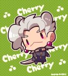  1boy :&lt; animal_ears black_jacket blush_stickers chibi chibi_only earrings full_body gakuran green_background grey_hair jacket jewelry jojo_no_kimyou_na_bouken kakyoin_noriaki kemonomimi_mode kotorai lowres male_focus no_nose school_uniform signature solo tail 