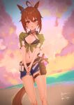  1girl :3 absurdres agnes_tachyon_(lunatic_lab)_(umamusume) agnes_tachyon_(umamusume) ahoge animal_ears beach belt bikini black_bikini black_footwear blue_sky breasts brown_belt brown_hair cleavage closed_mouth cloud cloudy_sky commentary_request cowboy_shot criss-cross_halter denim denim_shorts ear_ornament gloves gorioshi0802 green_jacket grin hair_between_eyes halterneck hand_on_own_chin highres holding_sandals horse_ears horse_girl horse_tail jacket looking_at_viewer medium_breasts medium_hair navel ocean official_alternate_costume open_clothes open_fly open_shorts outdoors red_eyes shorts single_glove sky sleeves_rolled_up smile solo swimsuit tail thigh_belt thigh_strap tied_jacket umamusume water wristband 