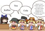  5girls :d alternate_costume alternate_headwear american_flag american_flag_print black_headwear blonde_hair blue_bow blunt_bangs blush_stickers bow chibi clone clownpiece combat_helmet commentary_request cowboy_hat dress english_text flag_print german_flag_print german_text green_dress green_headwear hair_bow hat helmet highres italian_flag_print italian_text long_hair multiple_girls multiple_persona red_eyes sheriff shitacemayo smile speech_bubble stahlhelm star_sapphire top_hat touhou union_jack_print white_background white_headwear 