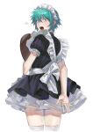  1boy :o alternate_costume apron black_dress character_request copyright_request crossdressing dress enmaided from_behind green_eyes green_hair highres holding holding_tray looking_at_viewer looking_back maid maid_apron maid_headdress male_focus nsr_(pgl_0401) puffy_short_sleeves puffy_sleeves short_dress short_hair short_sleeves solo teeth thighhighs tray upper_teeth_only white_dress white_thighhighs 