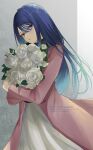  1girl aqua_hair black_shirt blue_hair bouquet coat commentary crossed_arms eyelashes flower gradient_hair green_eyes grey_background hair_over_one_eye head_tilt highres holding holding_bouquet kurokawa_akane long_hair long_sleeves looking_at_viewer looking_to_the_side multicolored_hair open_clothes open_coat oshi_no_ko parted_lips pink_coat rose shirt sideways_glance skirt solo swept_bangs tktk_zakana twitter_username white_flower white_rose white_skirt 