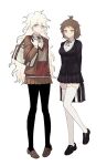  2girls bag black_footwear black_jacket black_pantyhose black_skirt brown_eyes brown_footwear brown_jacket collared_shirt danganronpa_(series) danganronpa_2:_goodbye_despair dress_shirt flat_chest full_body genderswap genderswap_(mtf) grey_hair highres hinata_hajime holding holding_bag hope&#039;s_peak_academy_school_uniform jacket komaeda_nagito long_hair miniskirt multiple_girls neck_ribbon open_clothes open_jacket pantyhose pleated_skirt red_ribbon ribbon school_uniform shirt shoulder_bag shuimu_guan skirt standing thighhighs white_shirt white_thighhighs zettai_ryouiki 