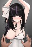  1girl arms_up black_hair blush bow breasts cleavage covered_nipples dress grey_background hair_bow highres indie_virtual_youtuber large_breasts long_hair looking_at_viewer m_r_b multicolored_hair nipples one_breast_out pov pov_hands purple_eyes purple_hair ririsya simple_background solo_focus streaked_hair sweat upper_body virtual_youtuber white_dress 
