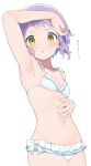  1girl :o absurdres arm_up armpits bikini blush breasts collarbone frilled_bikini frills groin highres idolmaster idolmaster_million_live! looking_at_viewer makabe_mizuki mochigome_(ununquadium) navel presenting_armpit purple_hair short_hair simple_background small_breasts solo stomach swimsuit translation_request white_background white_bikini yellow_eyes 