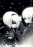  1boy 1girl 2b_(nier:automata) 9s_(nier:automata) :d akui_(liricoa) blindfold breasts cleavage coat covered_eyes dated dress flower gloves greyscale hair_flower hair_ornament hairband heart highres juliet_sleeves kiss long_sleeves monochrome nier:automata nier_(series) petals puffy_sleeves short_hair small_breasts smile 