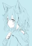  1girl animal_ear_fluff animal_ears artist_name blue_eyes cat_ears closed_mouth colored_skin cyan_(sasukeone3) expressionless hand_on_own_chest hand_up highres hood hood_down hoodie jewelry long_sleeves looking_at_viewer looking_back medium_hair monochrome necklace original sidelocks sketch sleeves_past_wrists solo upper_body white_skin 
